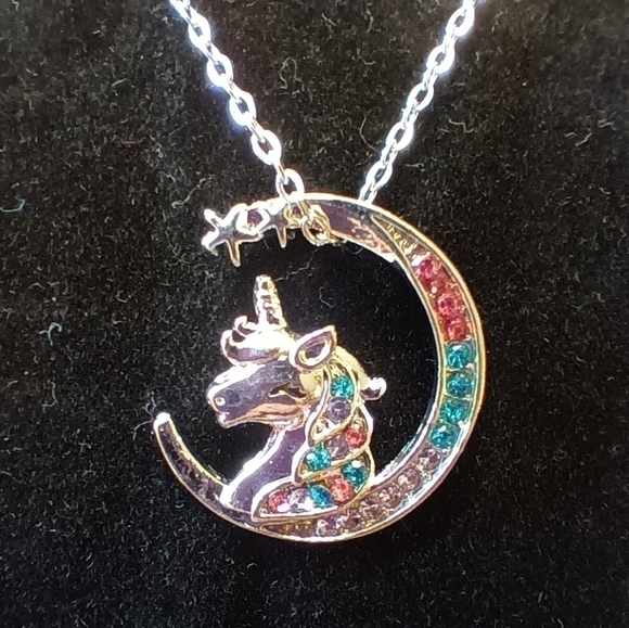 Silver Gold Plated Unicorn Pendant Necklace Moon Stars Rainbow Rhinestones - Picture 3 of 7